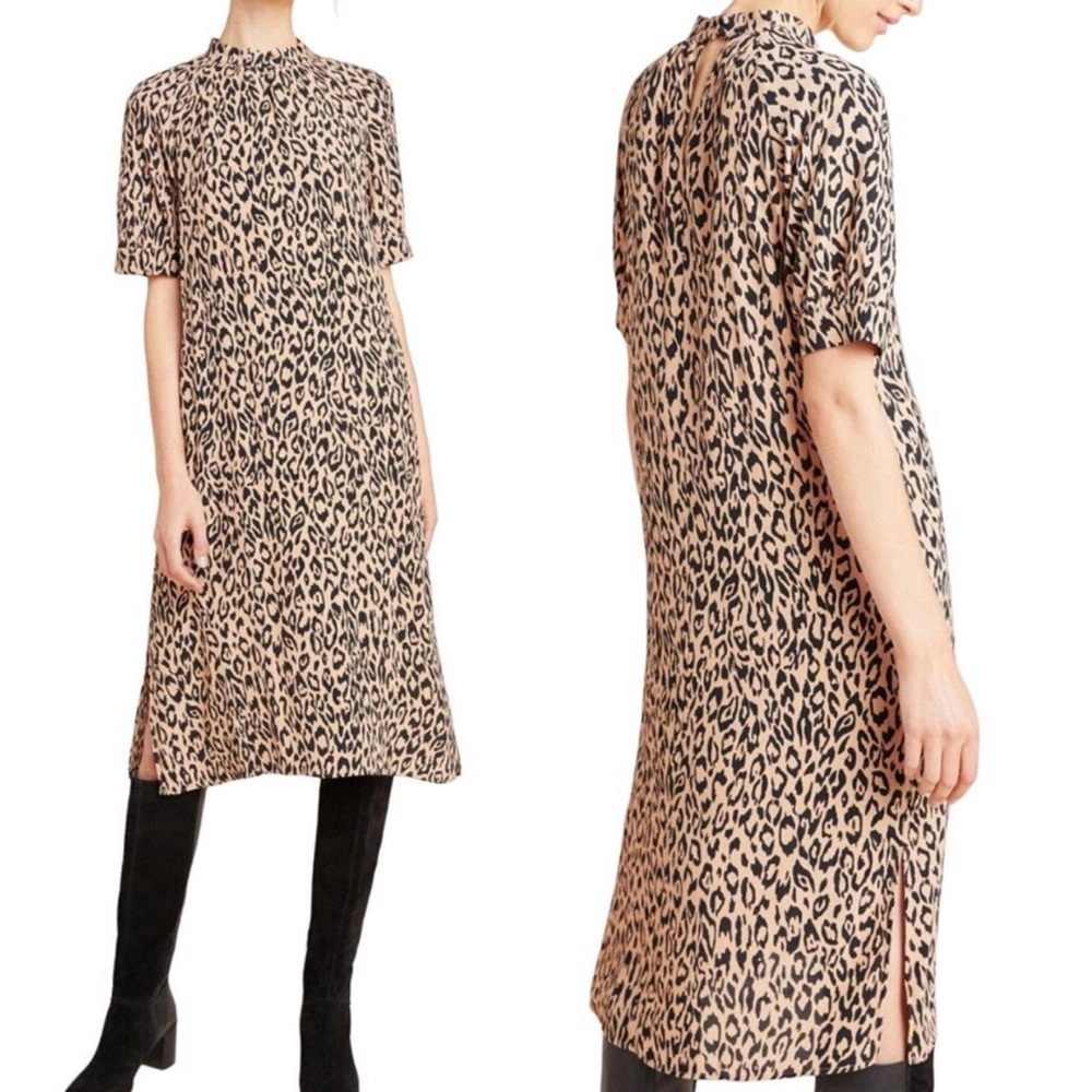 Anthropologie Mackenzie Mock Neck Tunic Dress in Leopard Print Womens Size M
